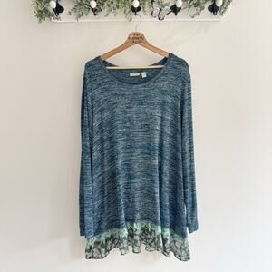 logo by lori goldstein 2X Heathered Blue Floral Lace Hem Tunic B4149